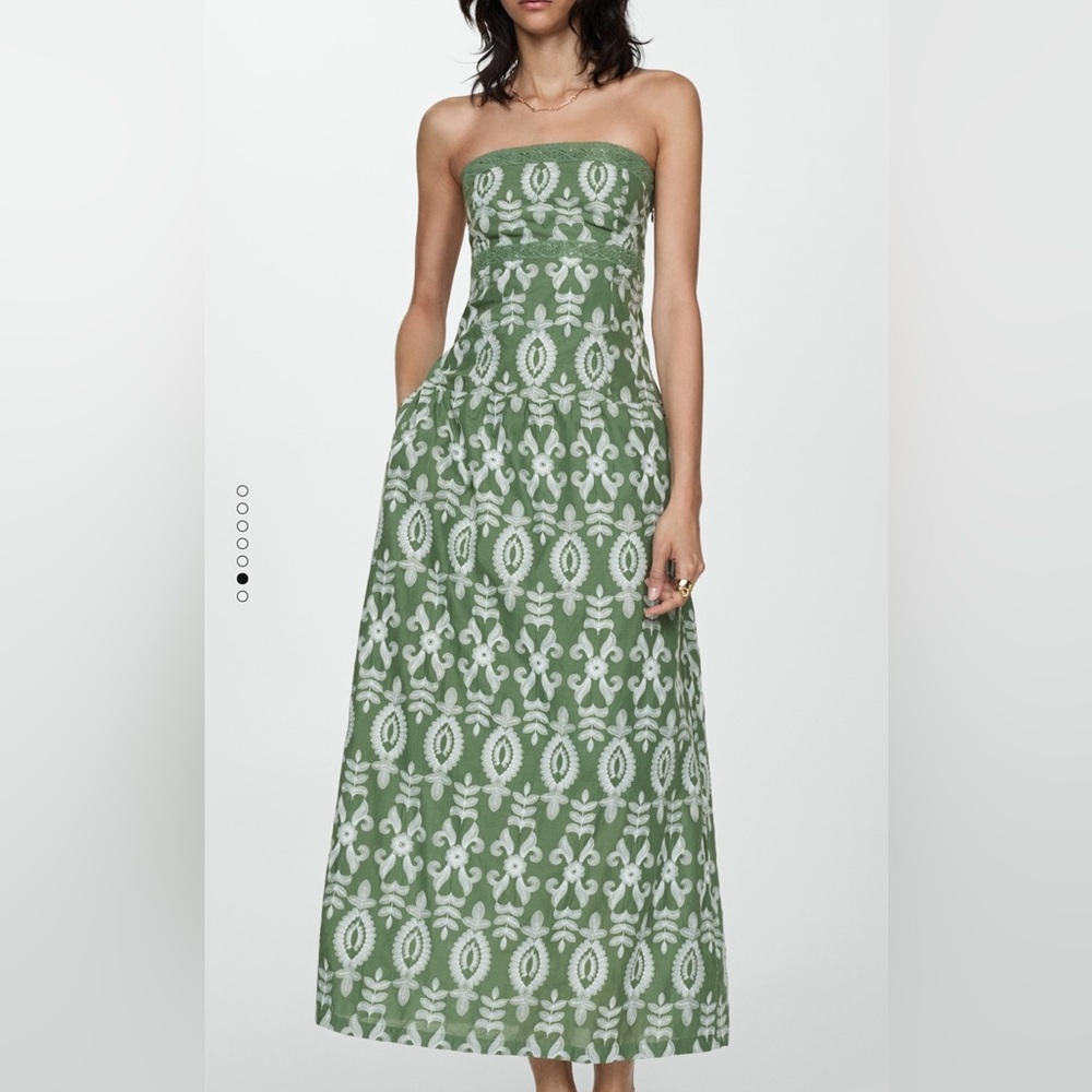 Mango Strapless Embroidered Drop Waist Midi dress